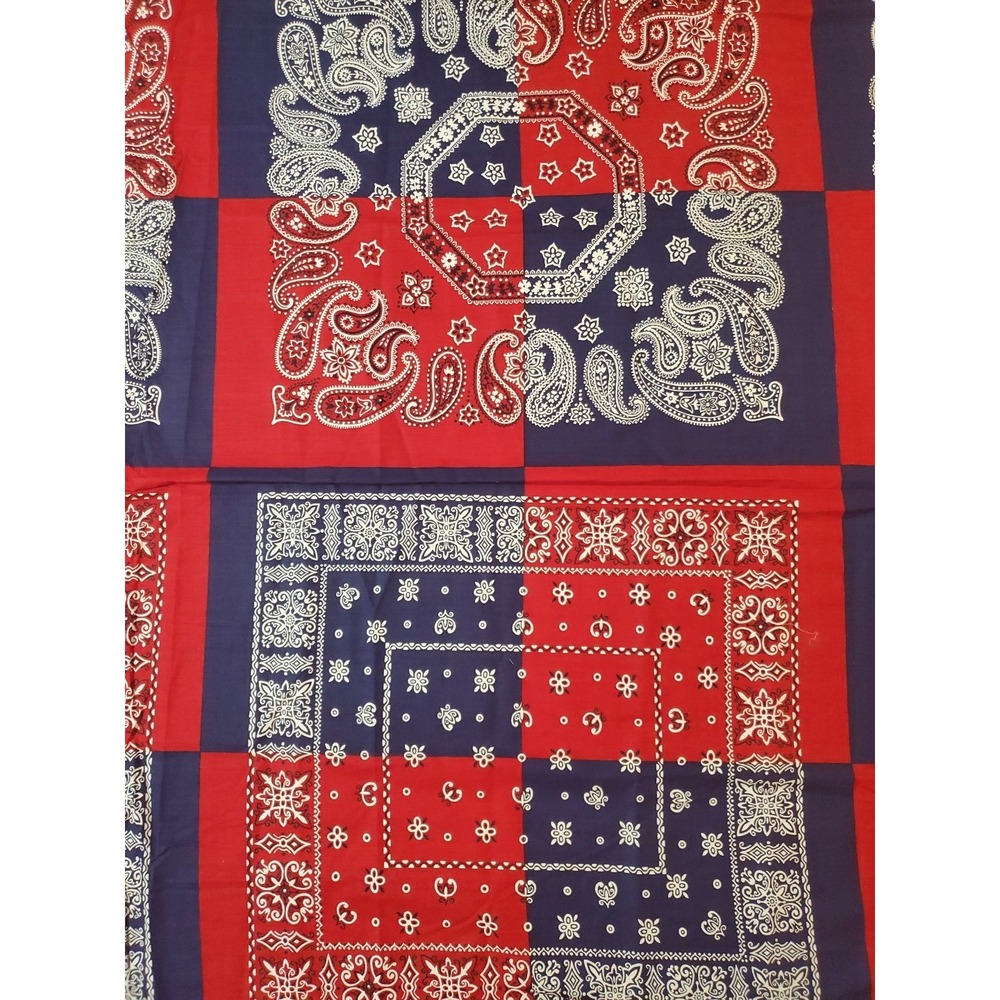 Vintage Fabric Red & Blue Bandana Patchwork Cranston Screen Print 70s Americana